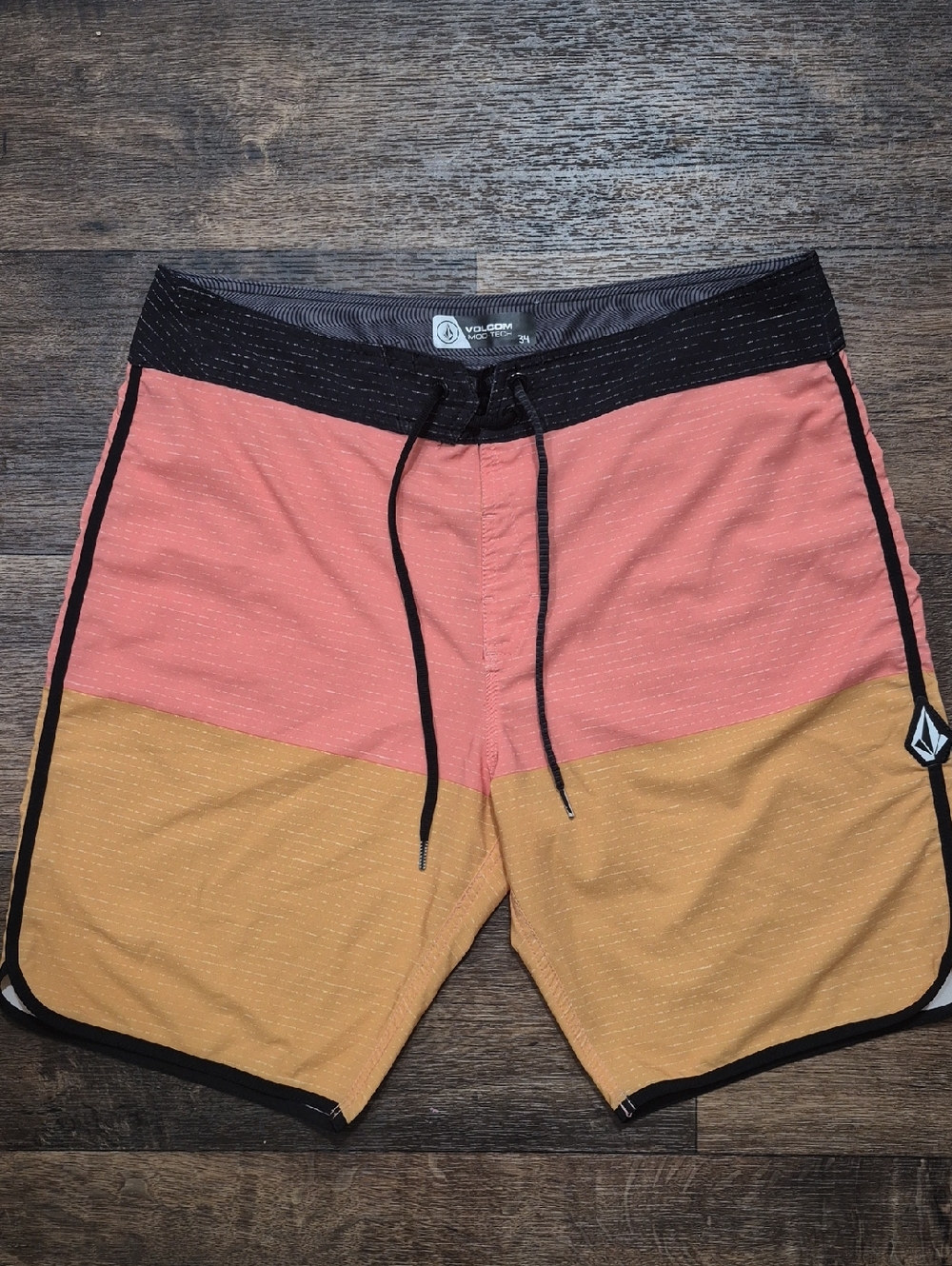 Volcom Men’s Coral and Mustard Colorblock Swim Board Shorts